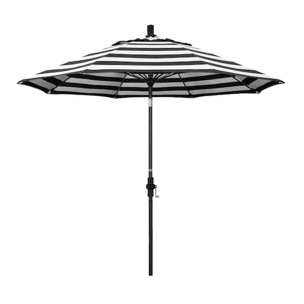 California Umbrella 9 ft. Matted Black Aluminum Collar Tilt Crank Lift Market Patio Umbrella in Cabana Classic Sunbrella
