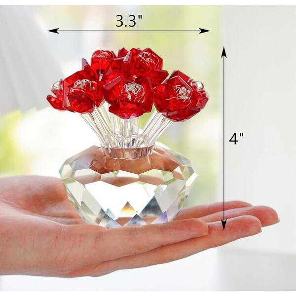4 in. Red Crystal Rose Figurine: Glass Flower Bouquet Gift for