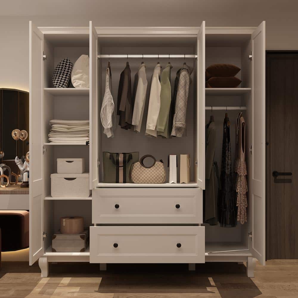 White Wood 63 in. W 4-Door Big Armoires Wardrobe with Hanging Rod, 2-Drawers, Storage Shelves(18.9 in. D x 71.3 in. H) - thumbnail 5