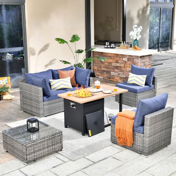 Toject Sanibel Gray 6-Piece Wicker Outdoor Patio Conversation Sofa Set with a Storage Fire Pit and Denim Blue Cushions