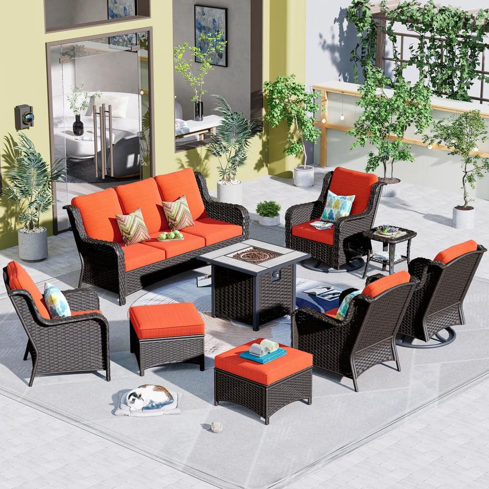 OVIOS New Kenard Brown 9-Piece Wicker Patio Fire Pit Conversation Set ...