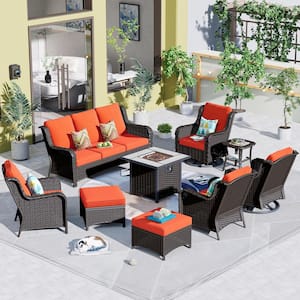 New Kenard Brown 9-Piece Wicker Patio Fire Pit Conversation Set with Orange Red Cushions and Swivel Rocking Chairs