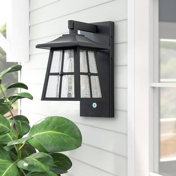 Matte Black Aluminum Hardwired Outdoor Wall Lantern Sconce with Doorbell and Seeded Glass Shade