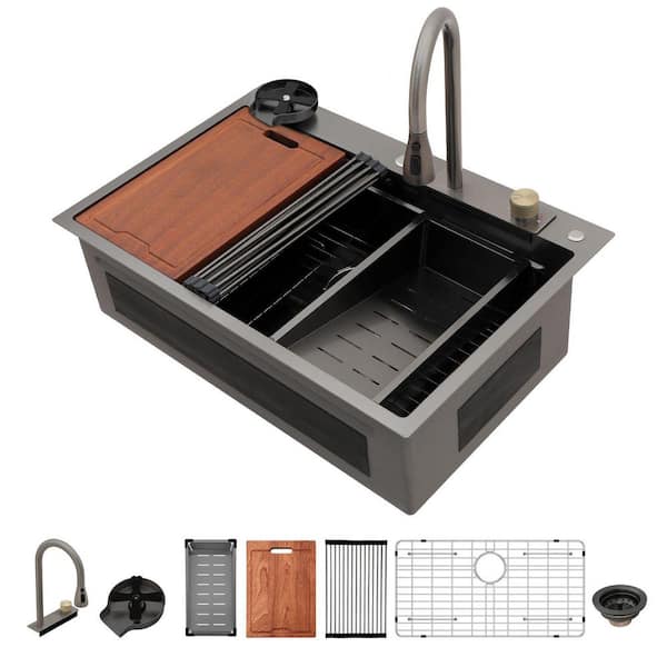 33 in. Drop-In Single Bowl 16 Gauge Gunmetal Black Stainless Steel Kitchen Sink with Faucet and Glass Rinser