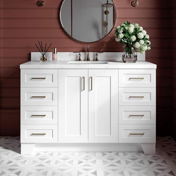 ARIEL Taylor 54.25 in. W x 22 in. D x 36 in. H Single Sink Freestanding Bath Vanity in White with Carrara Quartz Top
