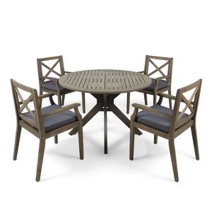 Llano Grey 5-Piece Wood Outdoor Patio Dining Set with Dark Grey Cushions