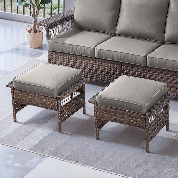 Opohoro GliderNet Metal and Brown Wicker Outdoor Ottoman with Olefin Gray Cushion (2-Pack)
