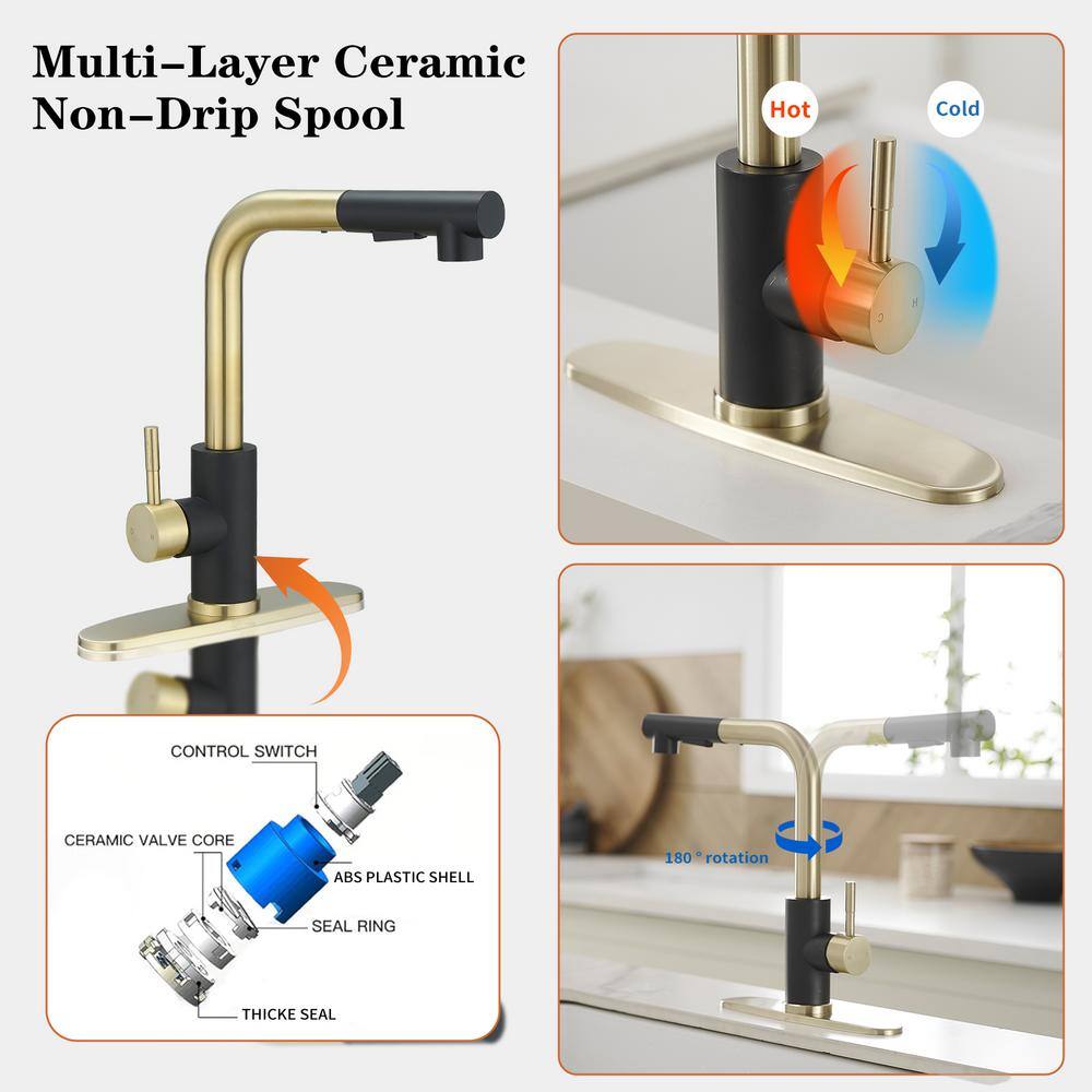Matte Black and Brushed Gold Stainless Steel Pull-Out Kitchen Faucet