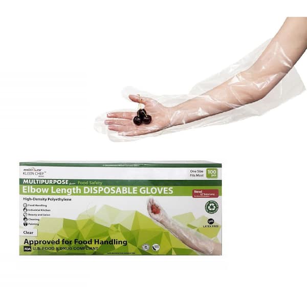 Disposable Food Handling Elbow Length Poly Gloves - One Size Fits Most, 100 per Box (1 Box)