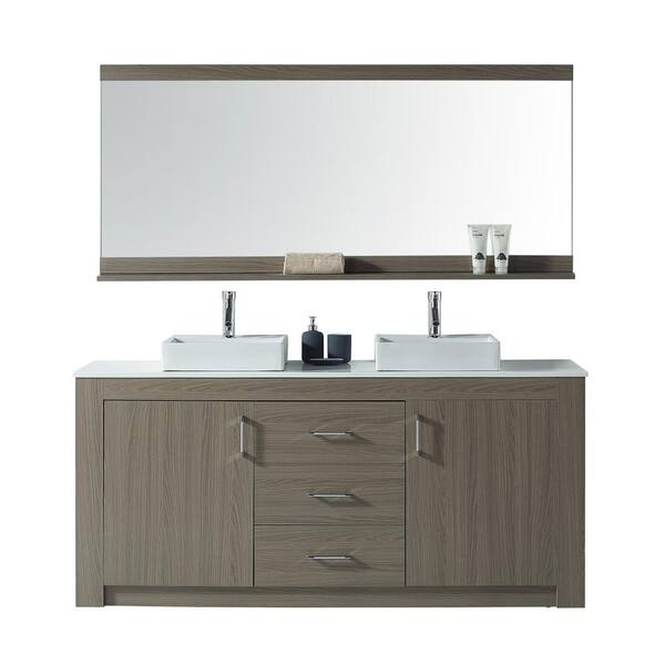 Virtu USA Tavian 72 in. W Bath Vanity in Gray Oak with Stone Vanity Top in White with Square Basin and Mirror