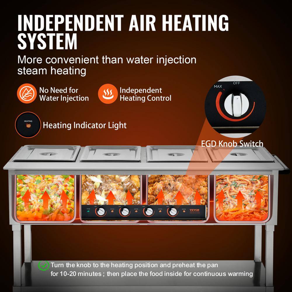 Silver Stainless Steel 4-Pan Commercial Food Warmer with Wheels