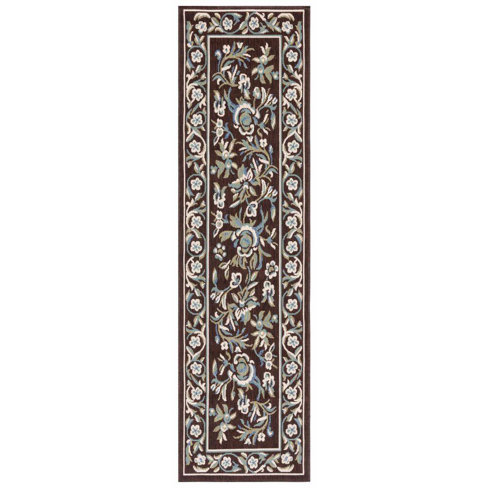 SAFAVIEH Veranda Chocolate/Aqua 2 ft. x 8 ft. Ornate Floral Border ...