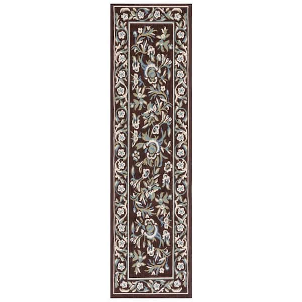 Veranda Chocolate/Aqua 2 ft. x 8 ft. Ornate Floral Border Indoor/Outdoor Runner Rug