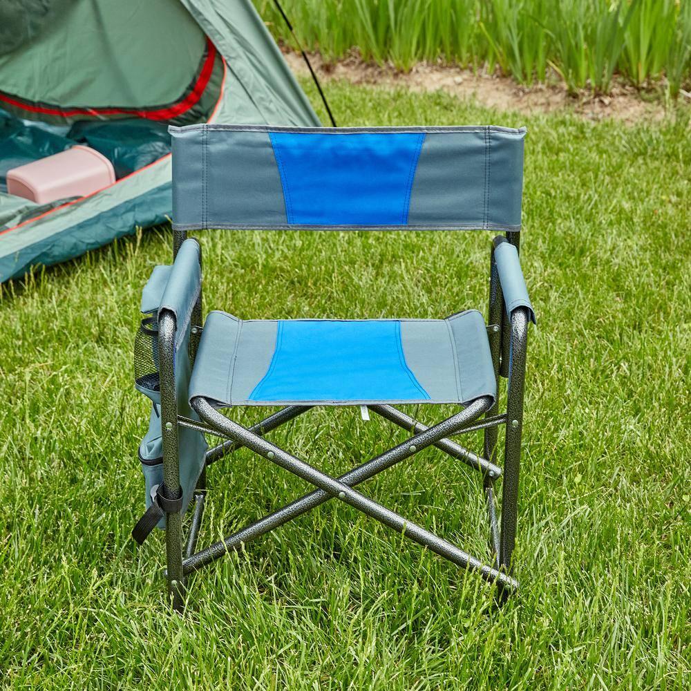 Blue and Grey Aluminum Folding Camping Chair with Storage Pockets