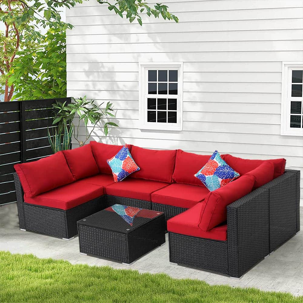 7-Piece Black Rattan Wicker Outdoor Patio Sectional Sofa Set with Red Cushi