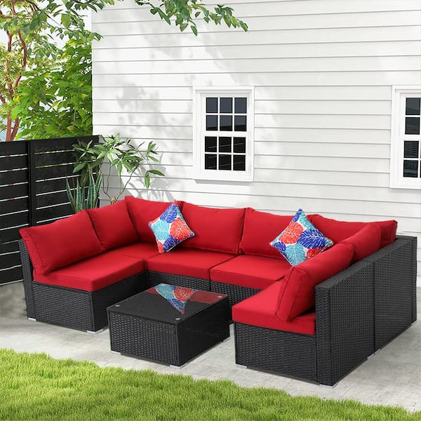 Unbranded 7-Piece Black Rattan Wicker Outdoor Patio Sectional Sofa Set with Red Cushions and 2 Pillows