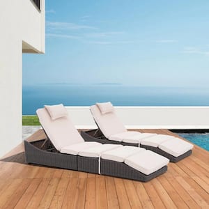 2-Piece Brown Wicker Outdoor Chaise Lounge Recliner Foldable with Beige Cushions and 5 Adjustable Angle