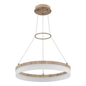 20 in. 30-Watt 1 light Wood Grain Integrated LED Pendant Light with White Acrylic shade