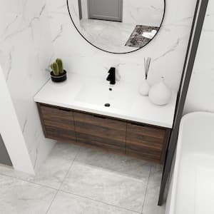 48 in. W Modern Style Floating Bathroom Cabinet with White Sink, Soft Close Doors and Drawer in Brown