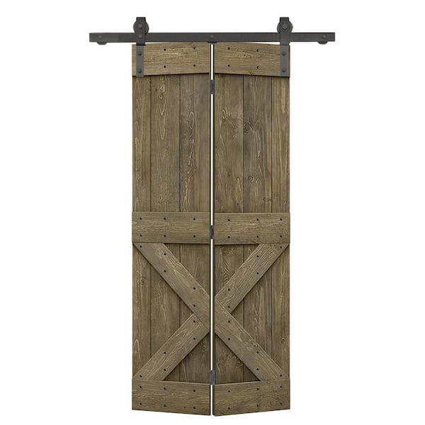 CALHOME 28 in. x 84 in. Mini X-Series Aged Barrel-Stained DIY Wood Bi-Fold Barn Door with Sliding Hardware Kit