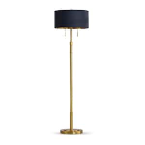 Grande 68 in. Brushed Brass 2-Lights Adjustable Height Standard Floor Lamp with Drum Black/Inner Gold Shade