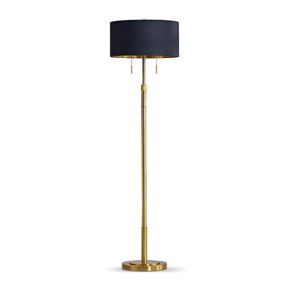 HomeGlam Grande 68 in. Brushed Brass 2-Lights Adjustable Height Standard Floor Lamp with Drum Black/Inner Gold Shade