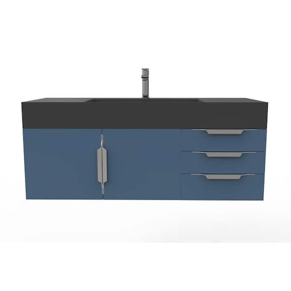 castellousa Maranon 48 in. W x 19 in. D x 19.25 in. H Single Bath Vanity in Matte Blue with Chrome Trim and Black Solid Surface Top