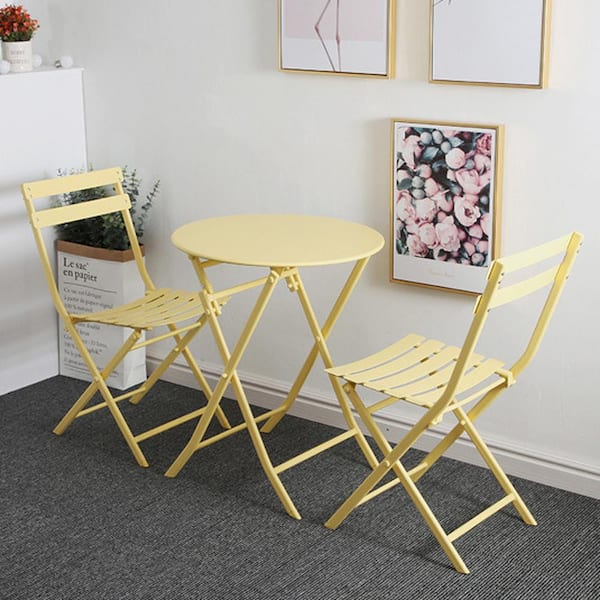Angel Sar 3-Piece Patio Bistro Set of Foldable Round Table and Chairs, Yellow