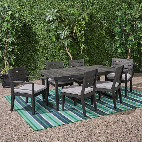 Noble House Nestor 7 Piece Wood Outdoor Dining Set With Light Grey Cushions 54265 - Home Depot Patio Furniture Without Cushions