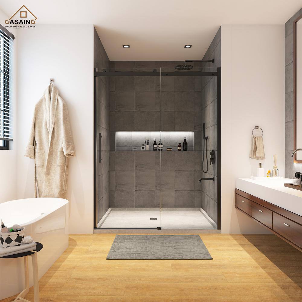 Matte Black Frameless Single Sliding Shower Door 48" x 76"