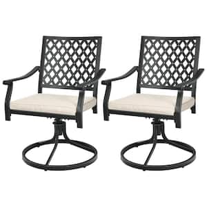 360-Degree Swivel Metal Outdoor Patio Dining Chair Lattice Rocker Armrest with Beige Cushion (2-Piece)