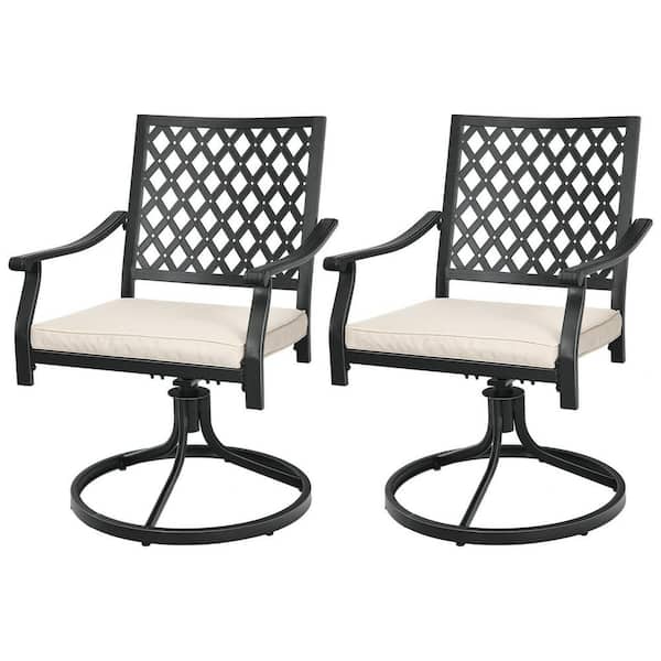 Gymax 360-Degree Swivel Metal Outdoor Patio Dining Chair Lattice Rocker Armrest with Beige Cushion (2-Piece)