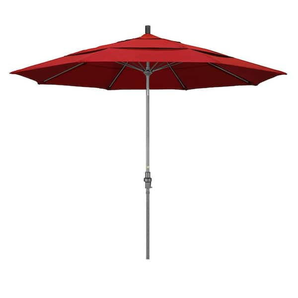 California Umbrella 11 ft. Hammertone Grey Aluminum Market Patio Umbrella with Collar Tilt Crank Lift in Red Olefin