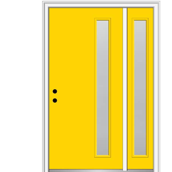 MMI Door 51 in. x 81.75 in. Viola Frosted Glass Right-Hand Inswing 1-Lite Midcentury Painted Steel Prehung Front Door w/ Sidelite