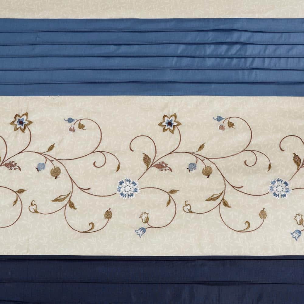 Navy Faux Silk Embroidered Floral Shower Curtain