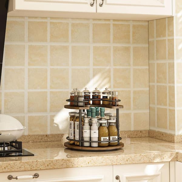 2-Tier Vintage Wood 360° Rotating Lazy Susan Organizer, Height Adjustable, Kitchen Countertop Spice Rack, in Brown
