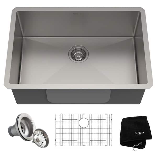 KRAUS Standart PRO 28 in. Undermount Single Bowl 16 Gauge Stainless Steel Kitchen Sink with Accessories