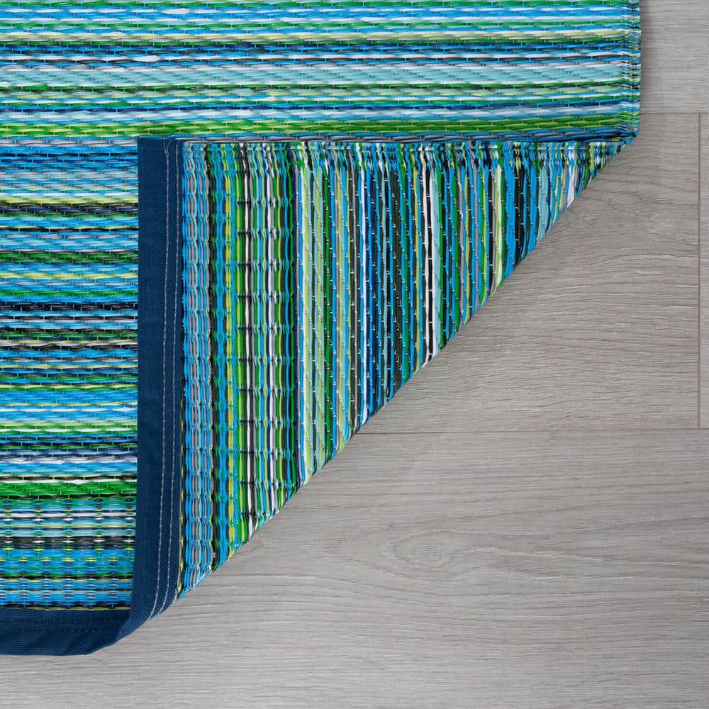 Aqua and Green Striped Synthetic 5' x 7' Outdoor Rug