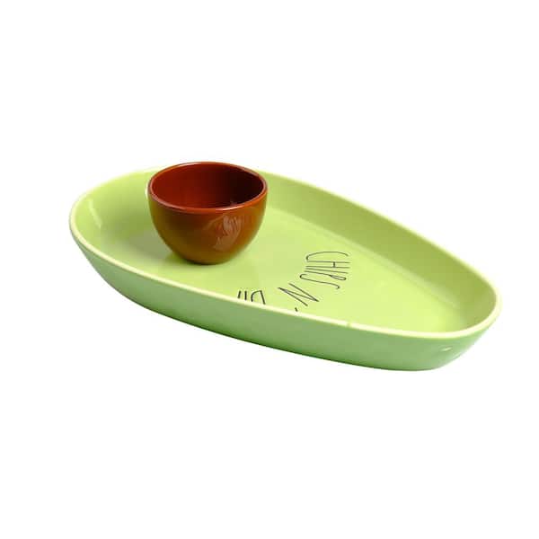 LEXI HOME 14 x 8 in. Green Ceramic Avocado Chip and Dip Serving Platter