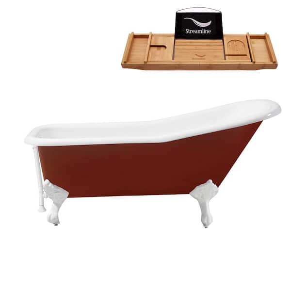 Streamline 66 in. Cast Iron Clawfoot Non-Whirlpool Bathtub in Glossy Red with Glossy White Drain and Glossy White Clawfeet