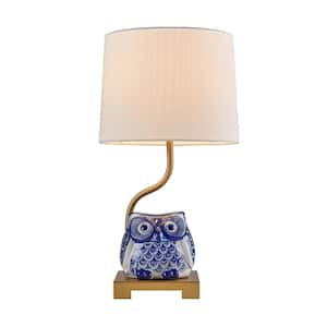 18.12 in. Gold with Blue Owl Ceramic Table Lamp with White Shade