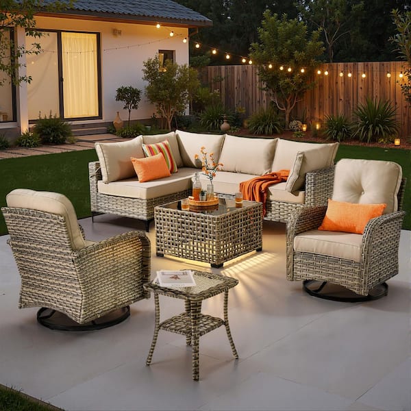 Melly Gray 8-Piece Wicker Patio Conversation Set with Beige Cushions and Swivel Chairs