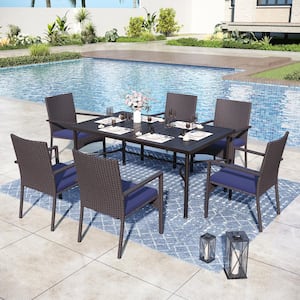 7-Piece Metal Patio Outdoor Dining Set with Rattan Stationary Chair with Blue Cushion