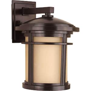 Wish Collection 1-Light Antique Bronze Etched Umber Linen Glass Craftsman Outdoor Medium Wall Lantern Light