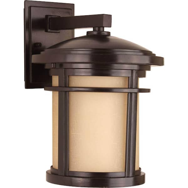 Progress Lighting Wish Collection 1-Light Antique Bronze Etched Umber Linen Glass Craftsman Outdoor Medium Wall Lantern Light