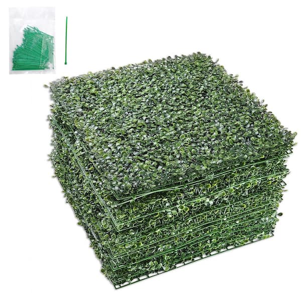 20 in. x 20 in. Square PE Artificial Boxwood Hedge Mat Grass Flooring Tiles for Patio, Balcony, Garden, 12pcs Set/Green