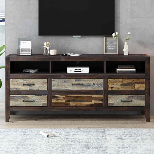 Polibi Modern Brown TV Stand Fits TV's Up to 65 in. with 6 Drawers and 3 Shelves