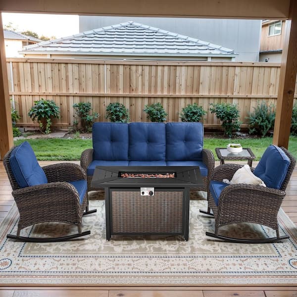 Brown 5-Piece Wicker Patio Fire Pit Set, Outdoor Sofa Seating Set with Olefin Navy Blue Cushions and Rocking Chairs