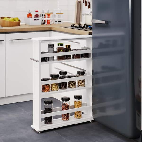 Slim Rolling Storage Cart with Handle and Wheels, 4-Tier Utility Cart for Bathroom, Kitchen and Laundry Room, White