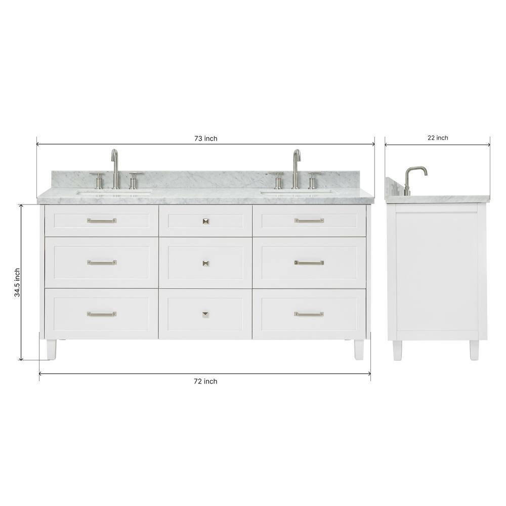 Monroe 73" White Double Sink Bathroom Vanity with Italian Carrara Marble Top